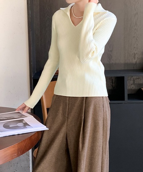 Miniministore(ミニミニストア)の「リブニットトップス Vネック 春秋冬(ニット/セーター・レディース・ブラウン/カーキ/アイボリー/ブラック・FREE)」の1枚目の写真