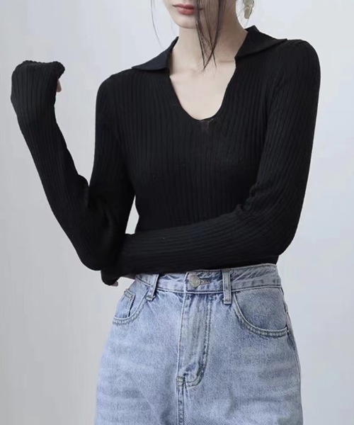 Miniministore(ミニミニストア)の「リブニットトップス Vネック 春秋冬(ニット/セーター・レディース・ブラウン/カーキ/アイボリー/ブラック・FREE)」の2枚目の写真