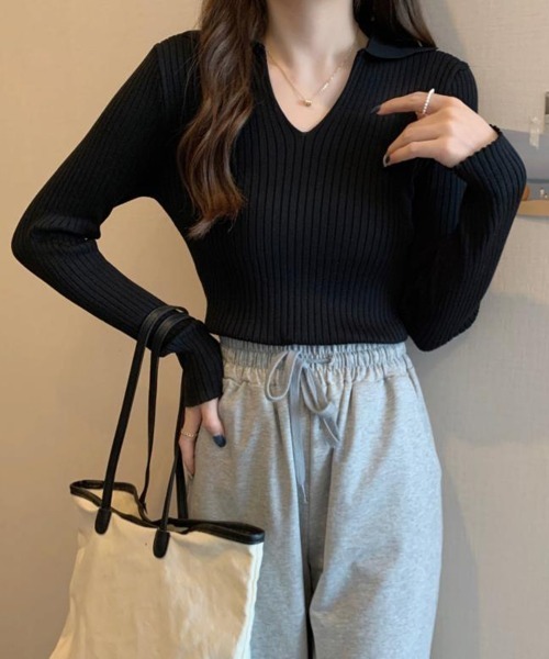 Miniministore(ミニミニストア)の「リブニットトップス Vネック 春秋冬(ニット/セーター・レディース・ブラウン/カーキ/アイボリー/ブラック・FREE)」の15枚目の写真