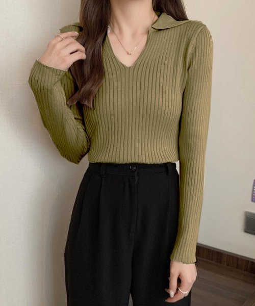 Miniministore(ミニミニストア)の「リブニットトップス Vネック 春秋冬(ニット/セーター・レディース・ブラウン/カーキ/アイボリー/ブラック・FREE)」の16枚目の写真
