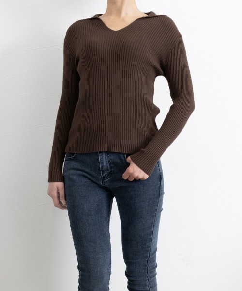 Miniministore(ミニミニストア)の「リブニットトップス Vネック 春秋冬(ニット/セーター・レディース・ブラウン/カーキ/アイボリー/ブラック・FREE)」の18枚目の写真