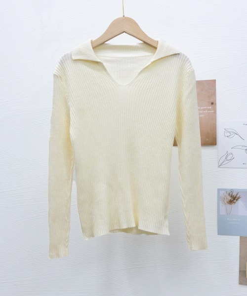 Miniministore(ミニミニストア)の「リブニットトップス Vネック 春秋冬(ニット/セーター・レディース・ブラウン/カーキ/アイボリー/ブラック・FREE)」の7枚目の写真