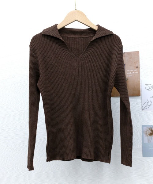 Miniministore(ミニミニストア)の「リブニットトップス Vネック 春秋冬(ニット/セーター・レディース・ブラウン/カーキ/アイボリー/ブラック・FREE)」の8枚目の写真