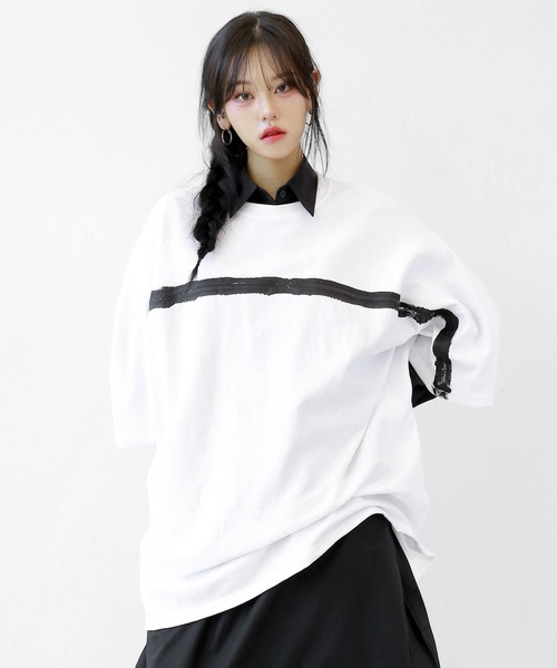 minsobi（ミンソビ）の「ペイントラインデザインTシャツ ユニセックス ビッグシルエットTシャツ（Tシャツ/カットソー・メンズ・ホワイト/ブラック・FREE）」の18枚目の写真