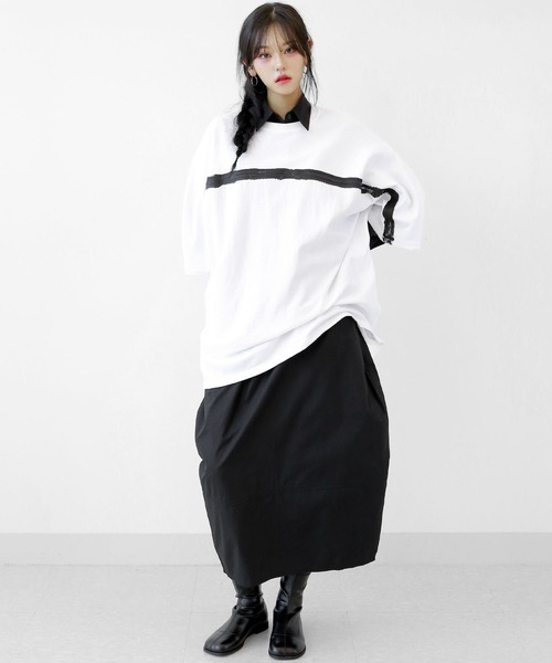 minsobi（ミンソビ）の「ペイントラインデザインTシャツ ユニセックス ビッグシルエットTシャツ（Tシャツ/カットソー・メンズ・ホワイト/ブラック・FREE）」の20枚目の写真