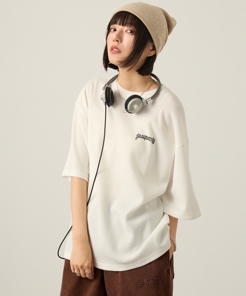 セール】【Snap club】グラフィックラインストーンワッフル半袖Tシャツ