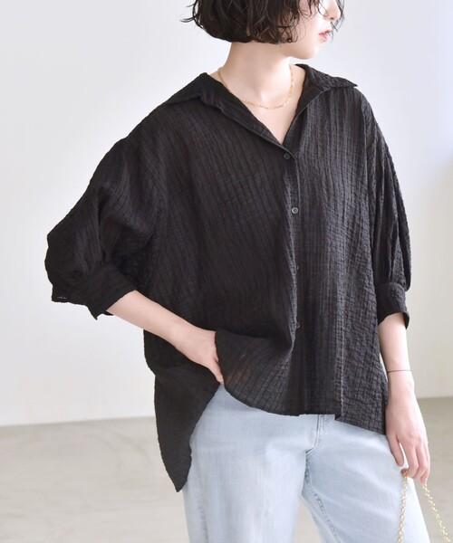 クールカレアンcospaneシアーブラウス　バンドカラーシャツ　パフスリーブ セール】quaranciel :〈洗濯機可能〉シアー バンピー レギュラー