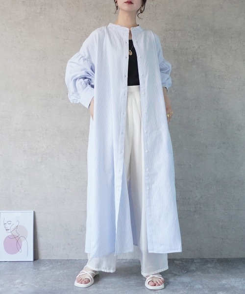 Emma（SELECT LEVERY）（エマ セレクトリベリー）の「ストライプロングシャツワンピ―ス（シャツワンピース・レディース・ブルー/ベージュ/ブラック・SMALL/LARGE/MEDIUM）」の4枚目の写真