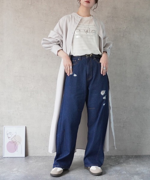 Emma（SELECT LEVERY）（エマ セレクトリベリー）の「ストライプロングシャツワンピ―ス（シャツワンピース・レディース・ブルー/ベージュ/ブラック・SMALL/LARGE/MEDIUM）」の8枚目の写真