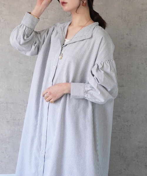 Emma（SELECT LEVERY）（エマ セレクトリベリー）の「ストライプロングシャツワンピ―ス（シャツワンピース・レディース・ブルー/ベージュ/ブラック・SMALL/LARGE/MEDIUM）」の12枚目の写真