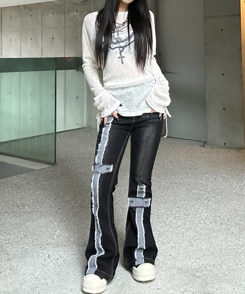 KsG（ケーエスジー）の「cross design ribbon denim（デニムパンツ・レディース・ブラック・LARGE/SMALL/MEDIUM）」の2枚目の写真