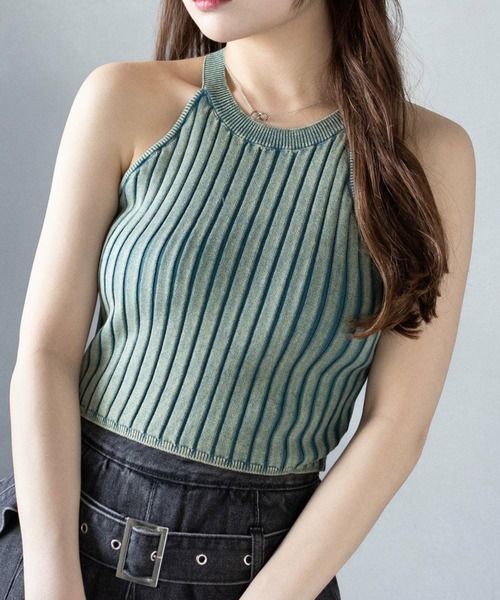 clear（クリア）の「ストーンウォッシュホルターネックリブニットタンク[着回し力抜群 大人 カジュアル]≪SS新作≫（タンクトップ・レディース・ブルー/ブラウン/キャメル・F）」の2枚目の写真