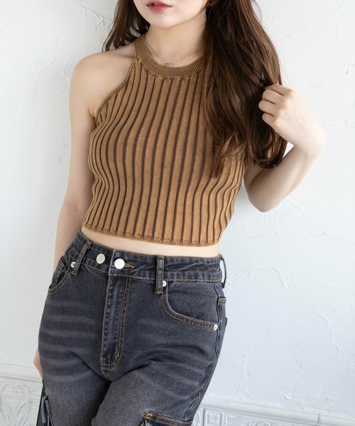 clear（クリア）の「ストーンウォッシュホルターネックリブニットタンク[着回し力抜群 大人 カジュアル]≪SS新作≫（タンクトップ・レディース・ブルー/ブラウン/キャメル・F）」の5枚目の写真