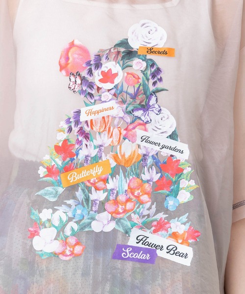 152662：クマシルエット花柄シアープルオーバー（Tシャツ