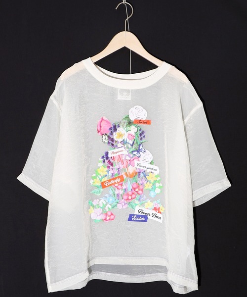 152662：クマシルエット花柄シアープルオーバー（Tシャツ