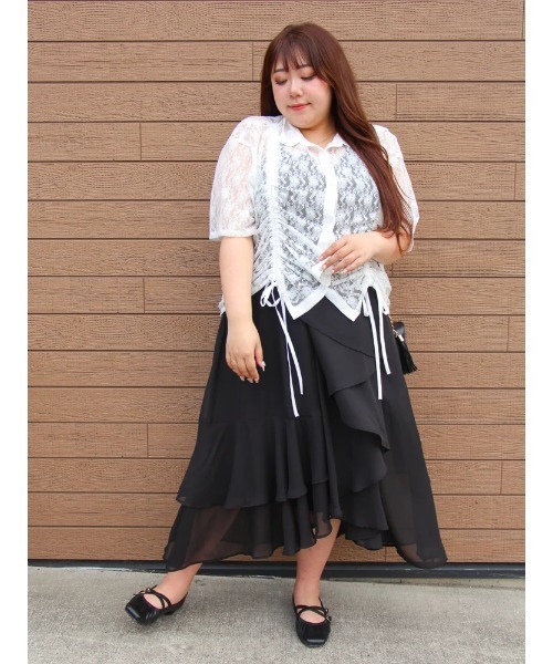 Re-J&SUPURE(リジェイアンドスプル)の「【大きいサイズ】【Kannaコラボ】シフォンラッフルスカート(スカート・レディース・ブラック/ベージュ・XX-LARGE/XXX-LARGE/XXXX-LARGE)」の15枚目の写真