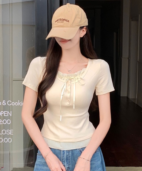 2ly2（トゥーリートゥー）の「フリル＆リボン付きリブトップス（Tシャツ/カットソー・レディース・ブルー/グレー/ベージュ/グリーン・FREE）」の19枚目の写真