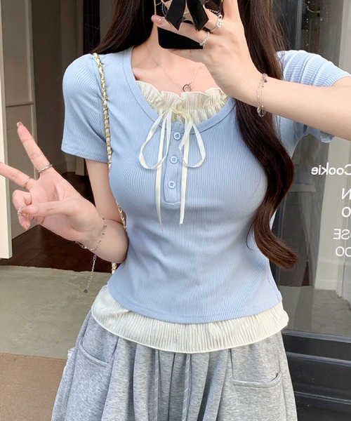 2ly2（トゥーリートゥー）の「フリル＆リボン付きリブトップス（Tシャツ/カットソー・レディース・ブルー/グレー/ベージュ/グリーン・FREE）」の14枚目の写真
