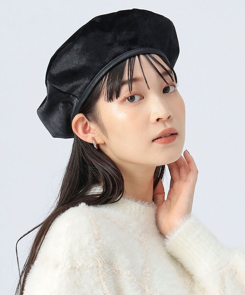 フェイクレザーパイピング ベロア ベレー帽（ハンチング/ベレー帽