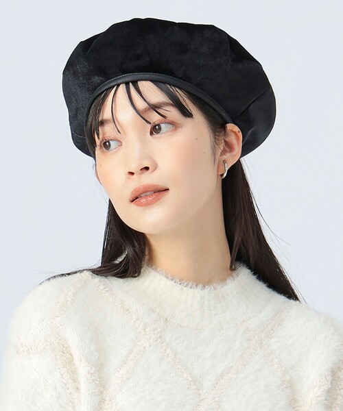 フェイクレザーパイピング ベロア ベレー帽（ハンチング/ベレー帽