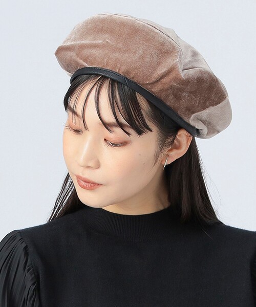 フェイクレザーパイピング ベロア ベレー帽（ハンチング/ベレー帽