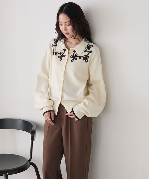 forksy.】ニュアンス柄コード刺繍ニットポロカーディガン forksy