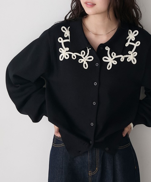 forksy.】ニュアンス柄コード刺繍ニットポロカーディガン forksy