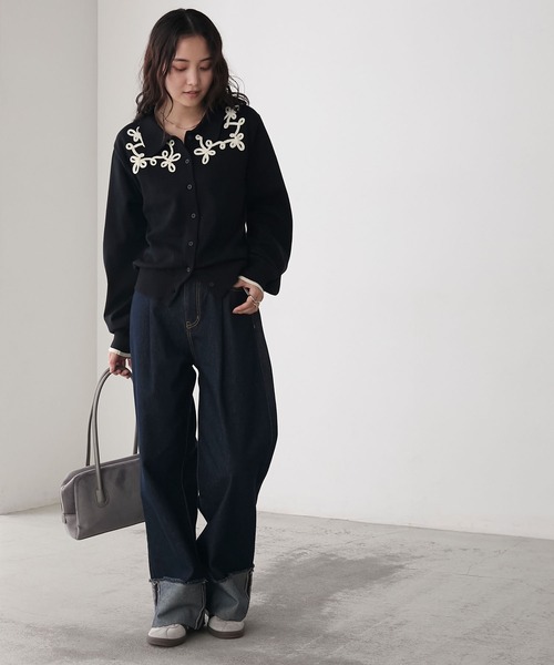 forksy.】ニュアンス柄コード刺繍ニットポロカーディガン forksy