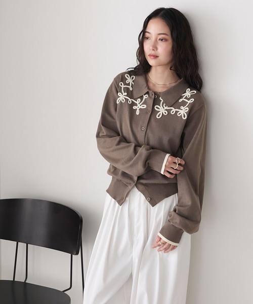 forksy.】ニュアンス柄コード刺繍ニットポロカーディガン forksy