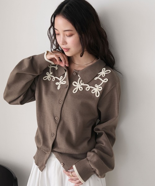 forksy.】ニュアンス柄コード刺繍ニットポロカーディガン forksy