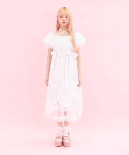 FickleBebe(フィクルベベ)の「パフスリーブリボンサマードレス(ワンピース・レディース・ブラック/ホワイト・0/1)」の1枚目の写真