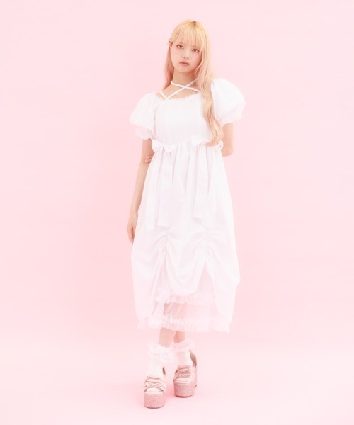 FickleBebe(フィクルベベ)の「パフスリーブリボンサマードレス(ワンピース・レディース・ブラック/ホワイト・0/1)」の6枚目の写真
