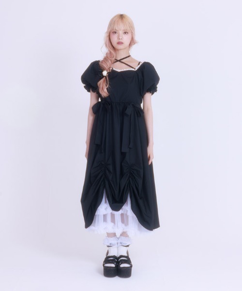 FickleBebe(フィクルベベ)の「パフスリーブリボンサマードレス(ワンピース・レディース・ブラック/ホワイト・0/1)」の10枚目の写真