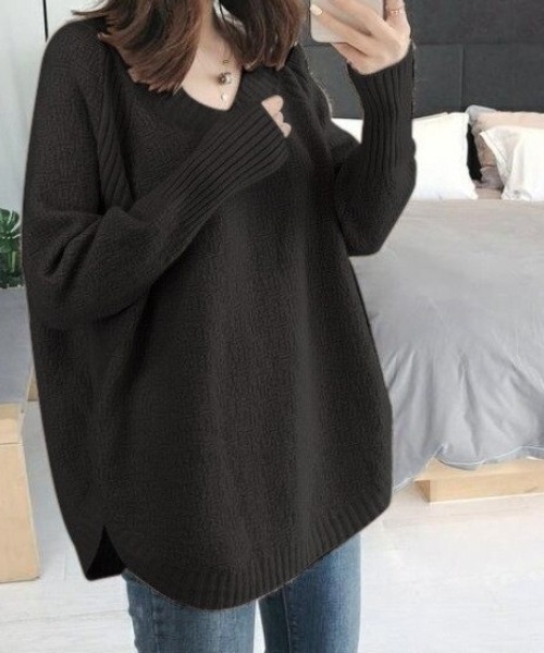 cammie(キャミー)の「Vネックラウンドカットニット(ニット/セーター・レディース・ベージュ/ブラック/ピンク/ホワイト/グレー・F)」の3枚目の写真