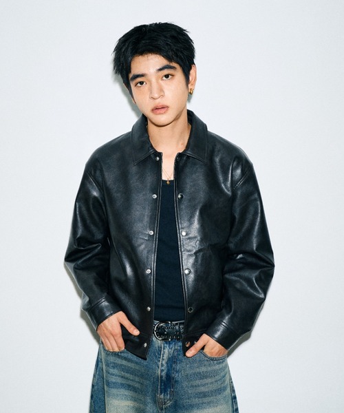 emelda ブラックレザー ジャケット Framed embroidery leather jacket (Black) - レザージャケット