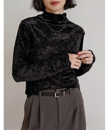 [前後2WAY]フロッキーメッシュハイネック長袖トップス