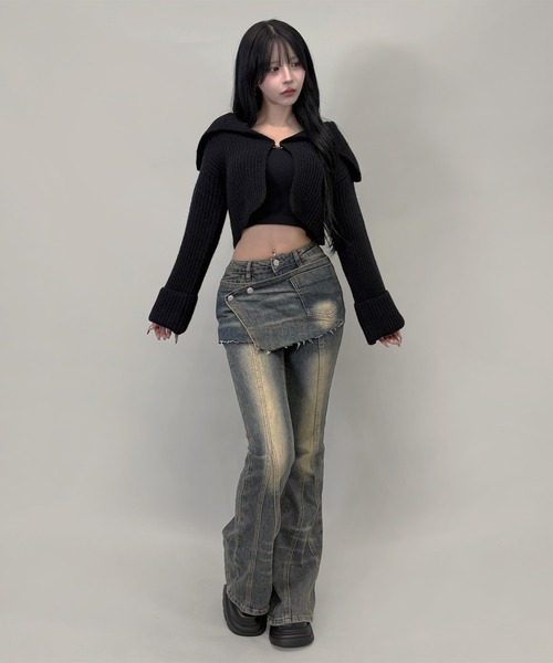 FOLLOWIN（フォロウィン）の「2color/レイヤードデザイン フレアデニムパンツ（デニムパンツ・レディース・ブラック/ブルー・SMALL/MEDIUM/LARGE）」の13枚目の写真