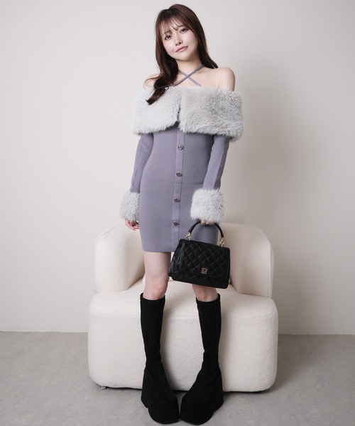 ファーオフショルボタンニットワンピース（ワンピース）｜LIPSERVICE