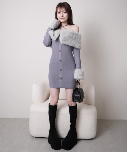 ファーオフショルボタンニットワンピース（ワンピース）｜LIPSERVICE