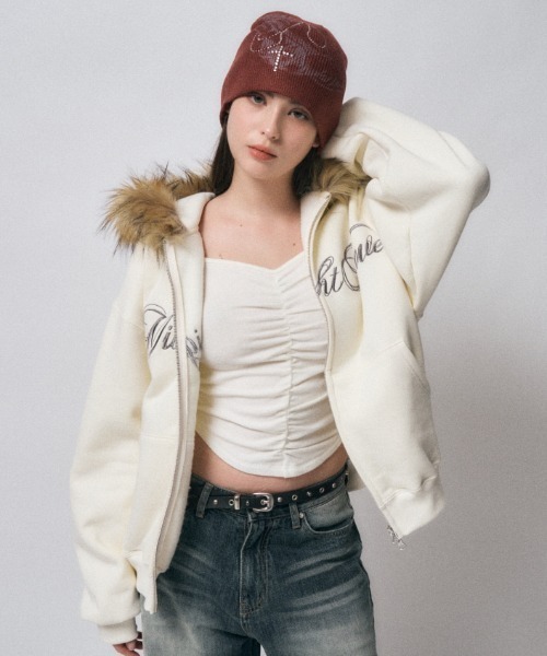 Midnight Move（ミッドナイトムーブ）の「A'GEM/9 × .kom 『MIDNIGHT MOVE/ミッドナイトムーブ』hair hood zip up/ヘアー フードジップパーカー（パーカー・レディース・アイボリー/ブラック・FREE）」の2枚目の写真