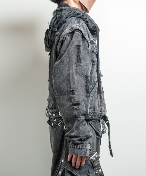 RESISTANCE(レジスタンス)2WAY フード レザータッチ/デニム ブルゾン