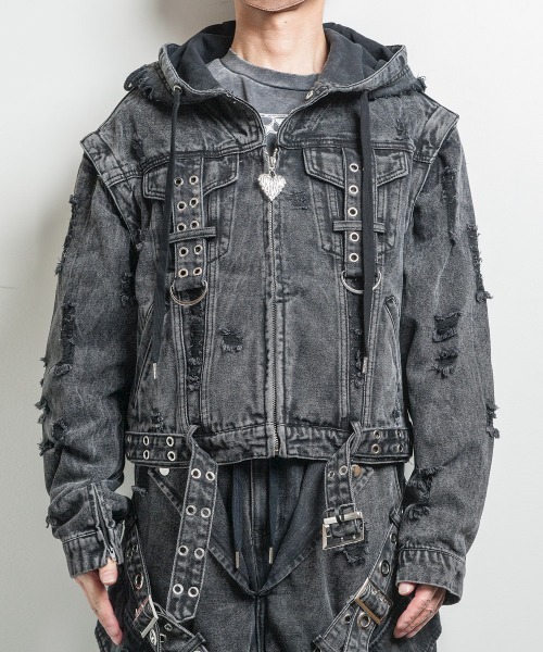 RESISTANCE(レジスタンス)2WAY フード レザータッチ/デニム ブルゾン
