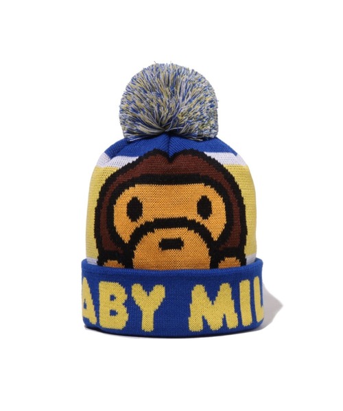A BATHING APE（アベイシングエイプ）の「BABY MILO POM POM KNIT CAP（ハット・キッズ・ブルー/ブラウン・FREE）」の2枚目の写真