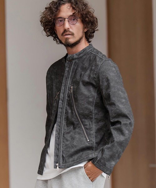 CAMBIO（カンビオ）の「mj11217-合成皮革デニムライクシングルライダース ジャケット(HLCM0204)（ライダースジャケット・メンズ・ブラウン/ブルー/ブラック・S/M/L）」の2枚目の写真