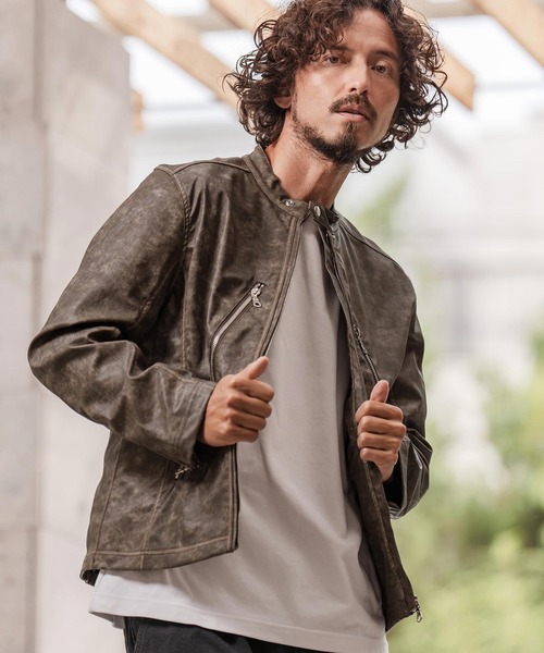 CAMBIO（カンビオ）の「mj11217-合成皮革デニムライクシングルライダース ジャケット(HLCM0204)（ライダースジャケット・メンズ・ブラウン/ブルー/ブラック・S/M/L）」の5枚目の写真