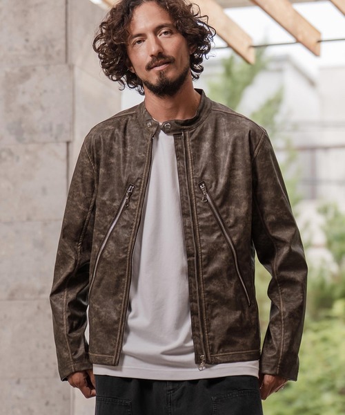 CAMBIO（カンビオ）の「mj11217-合成皮革デニムライクシングルライダース ジャケット(HLCM0204)（ライダースジャケット・メンズ・ブラウン/ブルー/ブラック・S/M/L）」の4枚目の写真