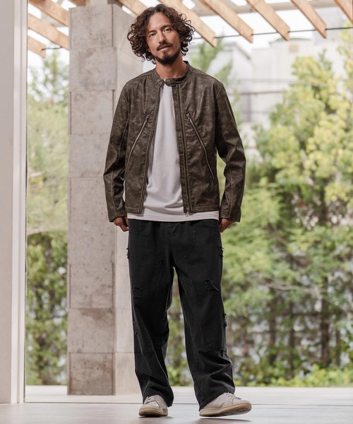 CAMBIO（カンビオ）の「mj11217-合成皮革デニムライクシングルライダース ジャケット(HLCM0204)（ライダースジャケット・メンズ・ブラウン/ブルー/ブラック・S/M/L）」の9枚目の写真