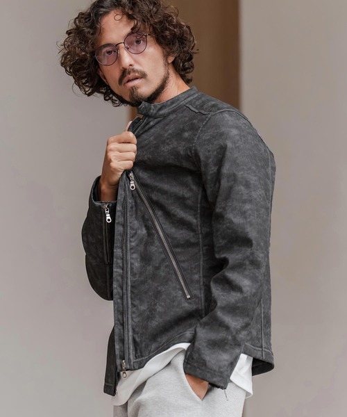 CAMBIO（カンビオ）の「mj11217-合成皮革デニムライクシングルライダース ジャケット(HLCM0204)（ライダースジャケット・メンズ・ブラウン/ブルー/ブラック・S/M/L）」の12枚目の写真