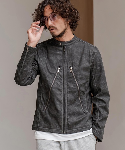 CAMBIO（カンビオ）の「mj11217-合成皮革デニムライクシングルライダース ジャケット(HLCM0204)（ライダースジャケット・メンズ・ブラウン/ブルー/ブラック・S/M/L）」の11枚目の写真