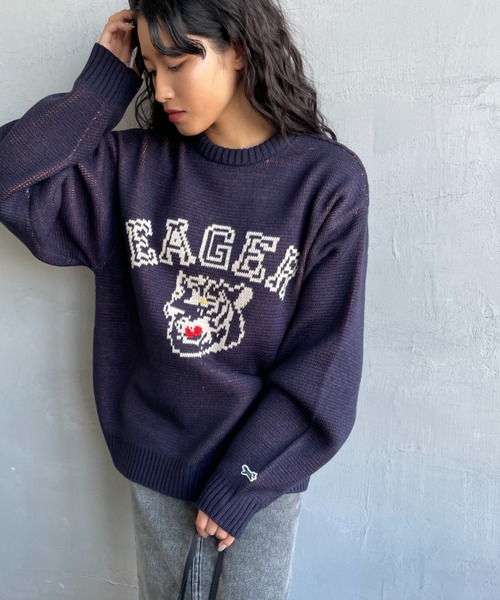 TOWNCRAFT（タウンクラフト）の「[TOWN CRAFT/タウンクラフト・THE FOX/ザフォックス] 別注 アニマル柄ジャガードニット（ニット/セーター・レディース・ナチュラル/ネイビー/キャメル/ピンク・S/M/L）」の2枚目の写真